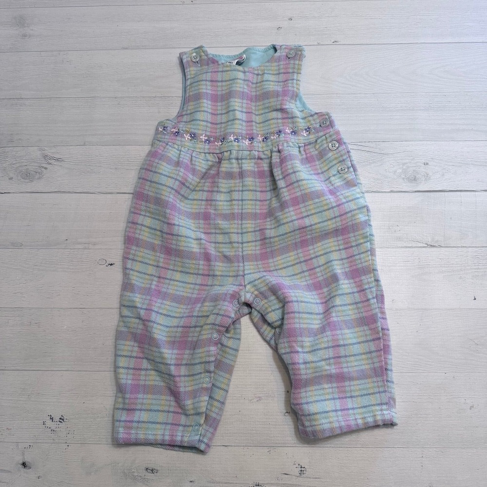 Gymboree 2001 girls blue purple plaid romper overalls‎ acrylic wool 6-12 months